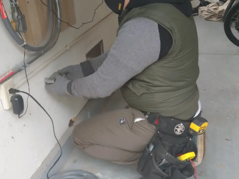 Electrician performing outlet wiring in a Patterson garage